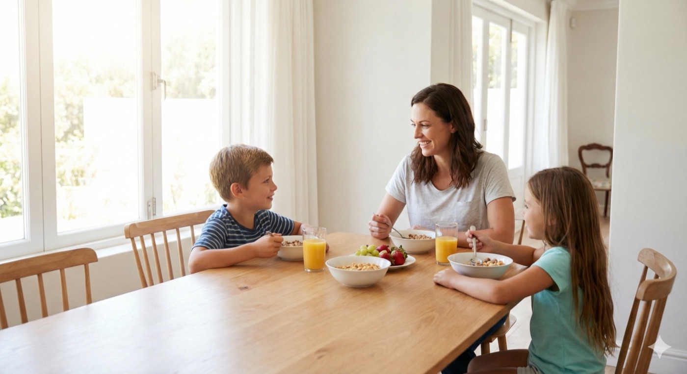 Familia desayunando junta
