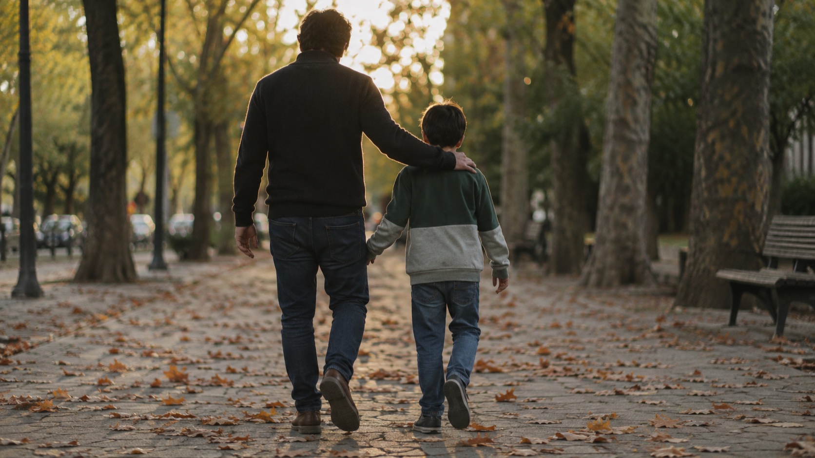 Padre e hijo caminando juntos en un parque, relación directa y regular en Chile